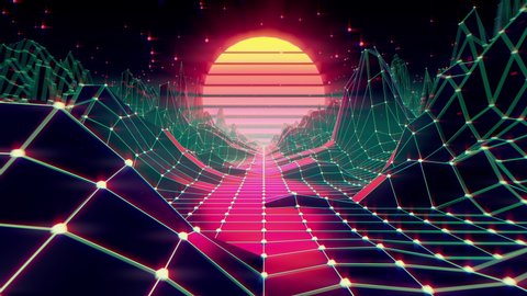 80s retro futuristic sci-fi background. Retrowave VJ videogame landscape with neon lights and low poly terrain. Stylized vintage cyberpunk 3D illustration with mountains, sun and glowing stars. 4K