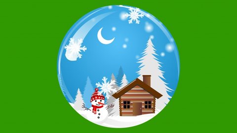 Snow globe animation on green screen background. Snow globe with concept of blue sky background, half moon, animated trees, wooden house, snowman, and snowfall. Winter background animation