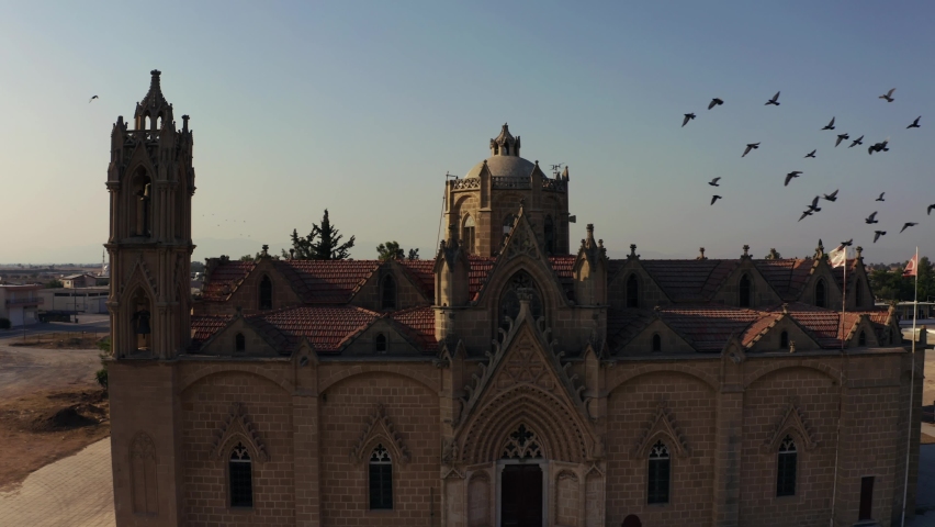 North Cyprus, aerial view of an old church. 4K.