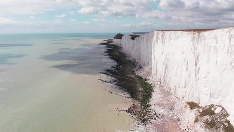 Aerial drone shot of the famous Seven Sisters Cliff near Eastbourne, England