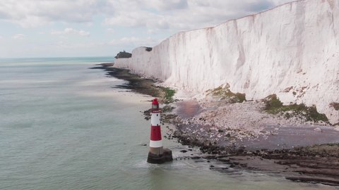 Aerial drone shot of the Beachy Head Lighthouse near Eastbourne in East Sussex, South England