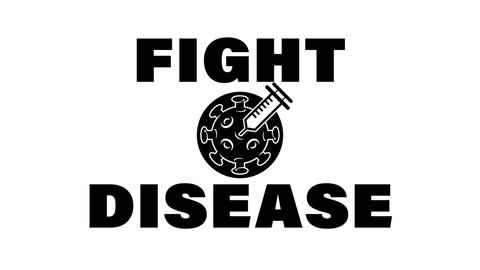 A simple black on white badge showing a "Fight Disease" message, a virus vaccination concept animation