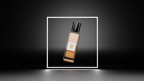 Glass bottle on black background in glowing white square, cosmetic packaging design, premium advertising for foundation, concealer. Natural cream, cosmetic beauty product. Realistic 3D animation