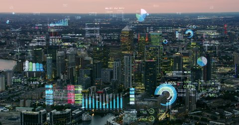 Augmented reality elements over London Financial District with economic charts and data. Futuristic aerial skyline of London with stock exchange figures. Representing concepts as Big data, AI, IOT.
