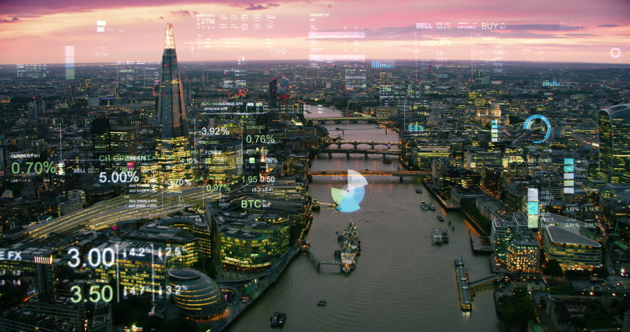 
Futuristic aerial skyline of London with stock exchange figures. Augmented reality elements with financial charts and data. Representing concepts as Big data, Artificial intelligence, IOT. | Shutterstock HD Video #1063770337