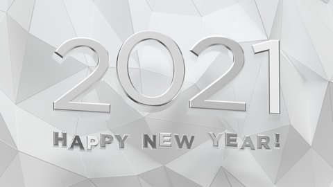 2021 Happy New Year Loop 1 Silver x White: silver text rotating on white polygonal surface. Minimal clean typography. New year greetings. LED screen. Social media. New Year party. Seamless loop.