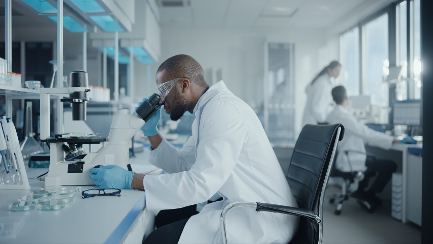 Medical Development Laboratory: Portrait of Black Male Scientist Looking Under Microscope, Analyzing Petri Dish Sample. Professionals Doing Research in Advanced Scientific Lab. Side View Static Shot | Shutterstock HD Video #1063773775