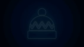 Glowing neon line Winter hat icon isolated on black background. 4K Video motion graphic animation.