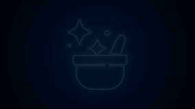 Glowing neon line Witch cauldron icon isolated on black background. Happy Halloween party. 4K Video motion graphic animation.