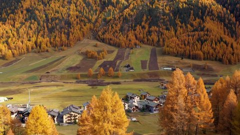 An aerial view over Livigno Valley in autumn 