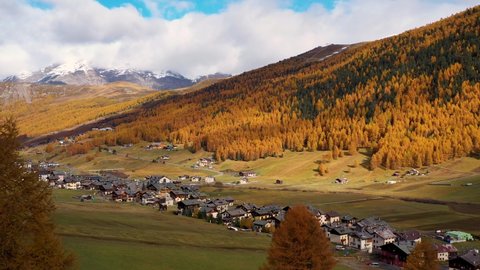 An aerial view over Livigno Valley in autumn 