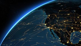 Bright connections forming a network from United States to Europe. This video can be used to represent concepts like technology, social networks, communication, air and sea transportation.