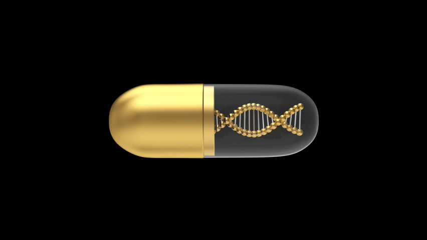 3D animation of rotation of golden medical capsules with DNA helix isolated on a black background. Alpha channel. 4K resolution. | Shutterstock HD Video #1063784893