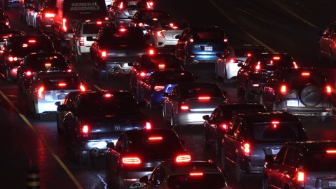 Toronto, Ontario, Canada December 2020 Massive rush hour traffic jam gridlock on highway at night