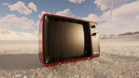 Vintage TV set in the middle of the field with video noise snow winter