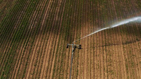 Aerial Drone Fly Over Water Irrigation System in a Farm Land Field Top Down Close Up