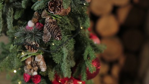 Details of New Year`s decorations. New Year`s toys. Garlands. Christmas scene. Beautiful bokeh
