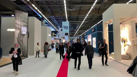 PARIS - CIRCA JANUARY, 2020: Footage of people walking at Maison Objet fair at exhibition center called "Parc des Expositions de Villepinte" in north of Paris. It's a French trade fair.