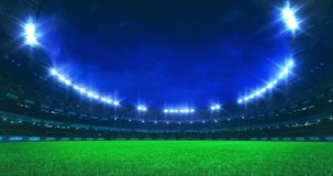 Modern Cricket Stadium with shining lights and ball motion on the grass field. Professional sport 4k video background edited as seamless loop.