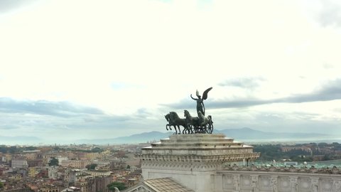 Rome, Italy, aerial view of the Altare della Patria in Piazza Venezia. Famous iconic monument of the historic center of Rome.