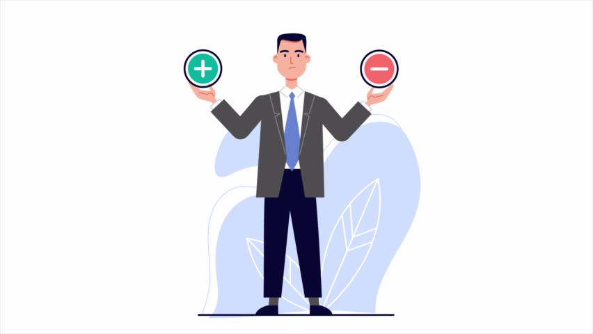 Businessman hold plus and minus symbols. Decision hesitation between risks and benefits, advantages and disadvantages, compare pros and cons. stock animated footage