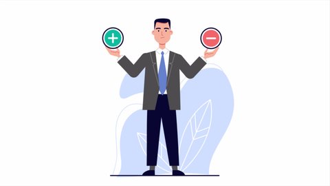 Businessman hold plus and minus symbols. Decision hesitation between risks and benefits, advantages and disadvantages, compare pros and cons. stock animated footage
