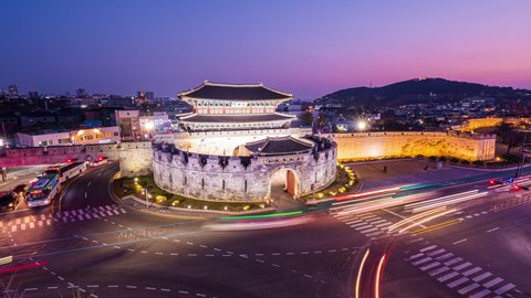 Time lapse 4k, Hwaseong Fortress in suwon city South Korea.The translation of the Chinese characters is"Changanmun Gate"
