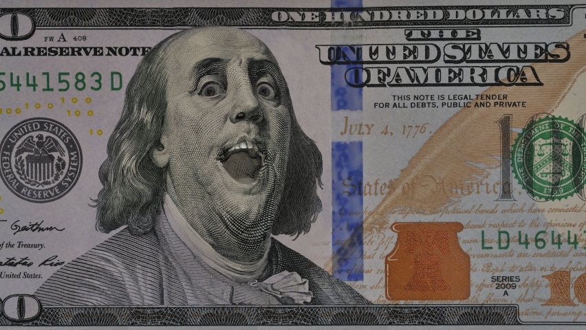 Portrait Of Ben Franklin expressing different emotions to camera. One hundred dollar.
Animation of close-up of US one hundred dollar bill. 
 Royalty-Free Stock Footage #1063798042