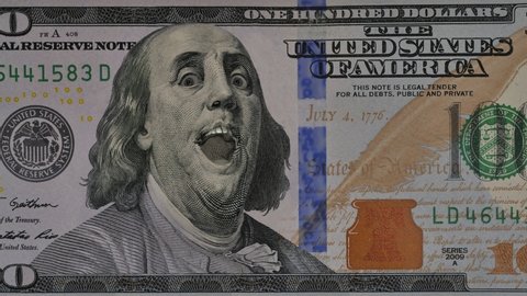 Portrait Of Ben Franklin expressing different emotions to camera. One hundred dollar.
Animation of close-up of US one hundred dollar bill. 

