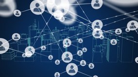 Animation of network of connections with icons over 3d city model. global networking technology digital interface connection communication concept digitally generated image. - Powered by Shutterstock - Get 15% off with code: PIKWIZARD15