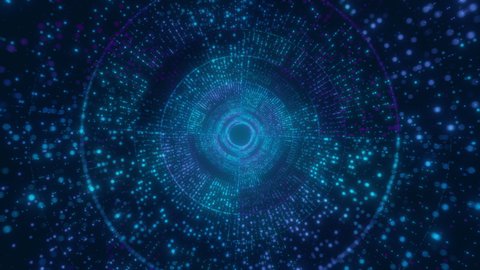 3D Infinite digital light blue circle tunnel of glowing dots particle with futuristic matrix. cyber technology motion background. Seamless loop
