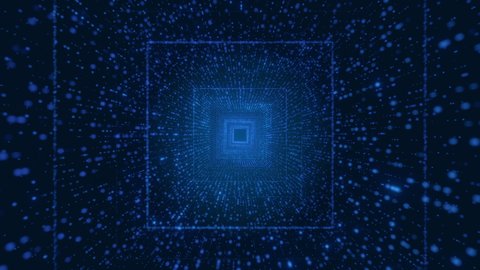 3D Infinite digital light blue square tunnel of glowing dots particle with futuristic matrix. cyber technology motion background. Seamless loop