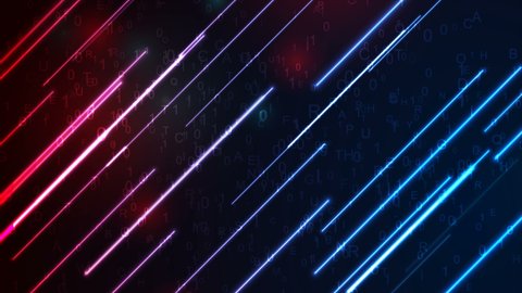 Futuristic technology neon abstract motion background with binary code numbers, letters and glowing laser lines. Seamless looping. Video animation Ultra HD 4K 3840x2160