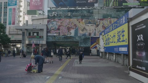 Tokyo , Japan - 11 26 2020: Outside of the Shibuya Station During the Pandemic