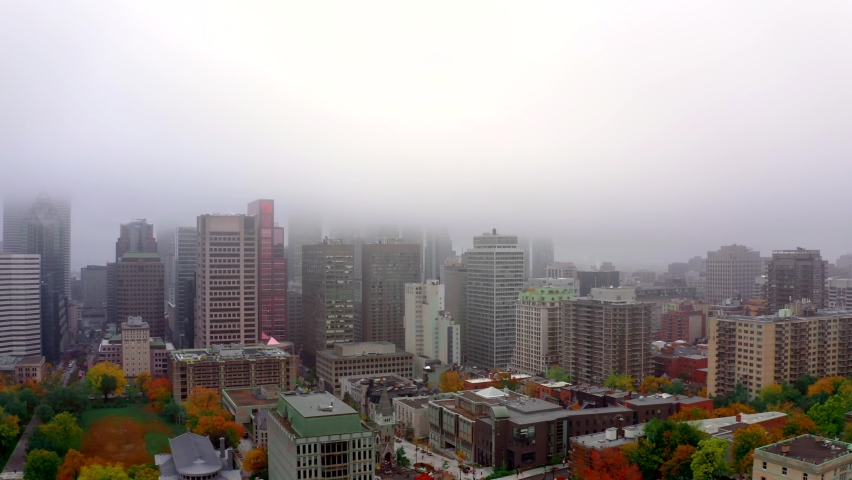 Aerial shot of downtown Montreal on a misty autumn morning