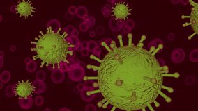 3d video of the new coronavirus with spikes close up on a red background