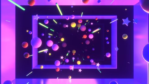 Looped neon purple corridor with colorful spheres, stars, and lines motion graphics.