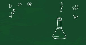 Animated screensaver on the theme of school chemistry lessons. A flask for chemical experiments is drawn with chalk on a blackboard