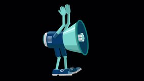 Rhythmic dancing cartoon megaphone. Looped 2D animation. Alpha channel. Isolated on transparent background