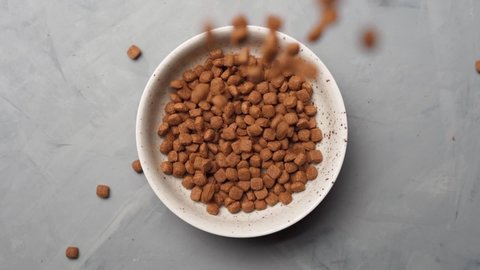 Dry animal feed slowly falls into a bowl, top view