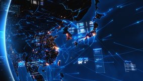 Blue rotating Earth with bright connections and social media interfaces. Futuristic and connected world with augmented reality elements. Asia map with city lights. - Powered by Shutterstock - Get 15% off with code: PIKWIZARD15