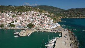 Aerial drone video of picturesque main village or chora of Skopelos island, Sporades, Greece