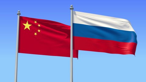 Russia and China flag on flagpole excellent quality. Russian Federation and People's Republic of China waving flag in wind. Endless Animation. LOOP CYCLE Animation.