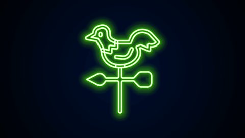 Glowing neon line Rooster weather vane icon isolated on black background. Weathercock sign. Windvane rooster. 4K Video motion graphic animation.