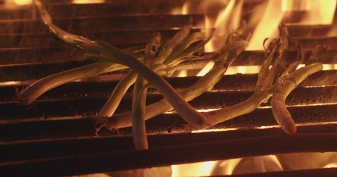 Wide shot of flame grilling scallions. Hot flames cook the green onions on a metal barbecue grill. Lifestyle shot is perfect for camping, cooking vegetables, summer, freedom and fun.