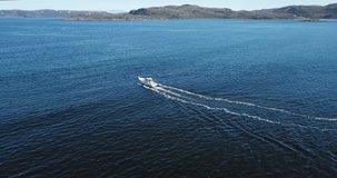Aerial view of boat in Barents Sea. High quality 4k footage