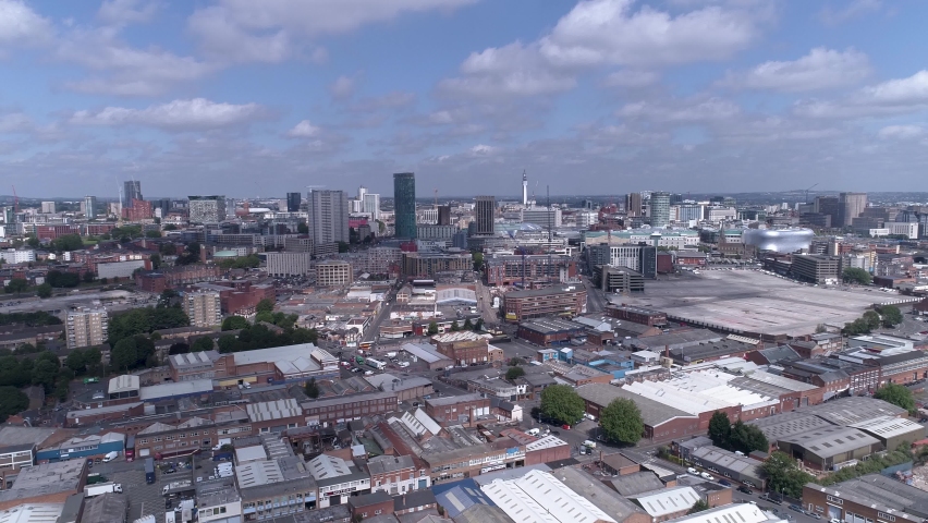 Push in aerial shot of Birmingham city centre