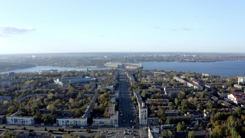 Zaporizhzhia from a bird's eye view of the central avenue Royalty-Free Stock Footage #1063874374