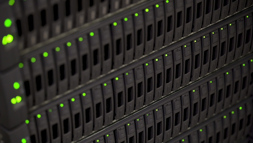 Data backup hard drives from an IT cloud backup system in a data center Royalty-Free Stock Footage #1063879192