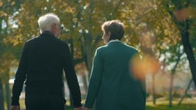 Back view of elderly couple holding hands while walking together in park . Rear view of romantic senior couple resting , relaxing in nature . Happiness people lifestyle . Slow motion footage . - Powered by Shutterstock - Get 15% off with code: PIKWIZARD15